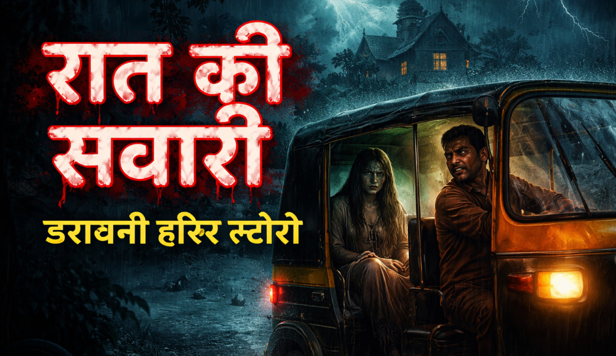 Short horror story in Hindi feature image – रात की सवारी, रात में ऑटो में बैठी भूतिया लड़की और डरावना माहौल।