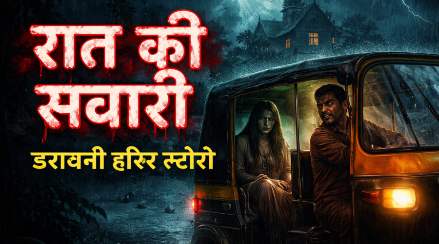 Short horror story in Hindi feature image – रात की सवारी, रात में ऑटो में बैठी भूतिया लड़की और डरावना माहौल।