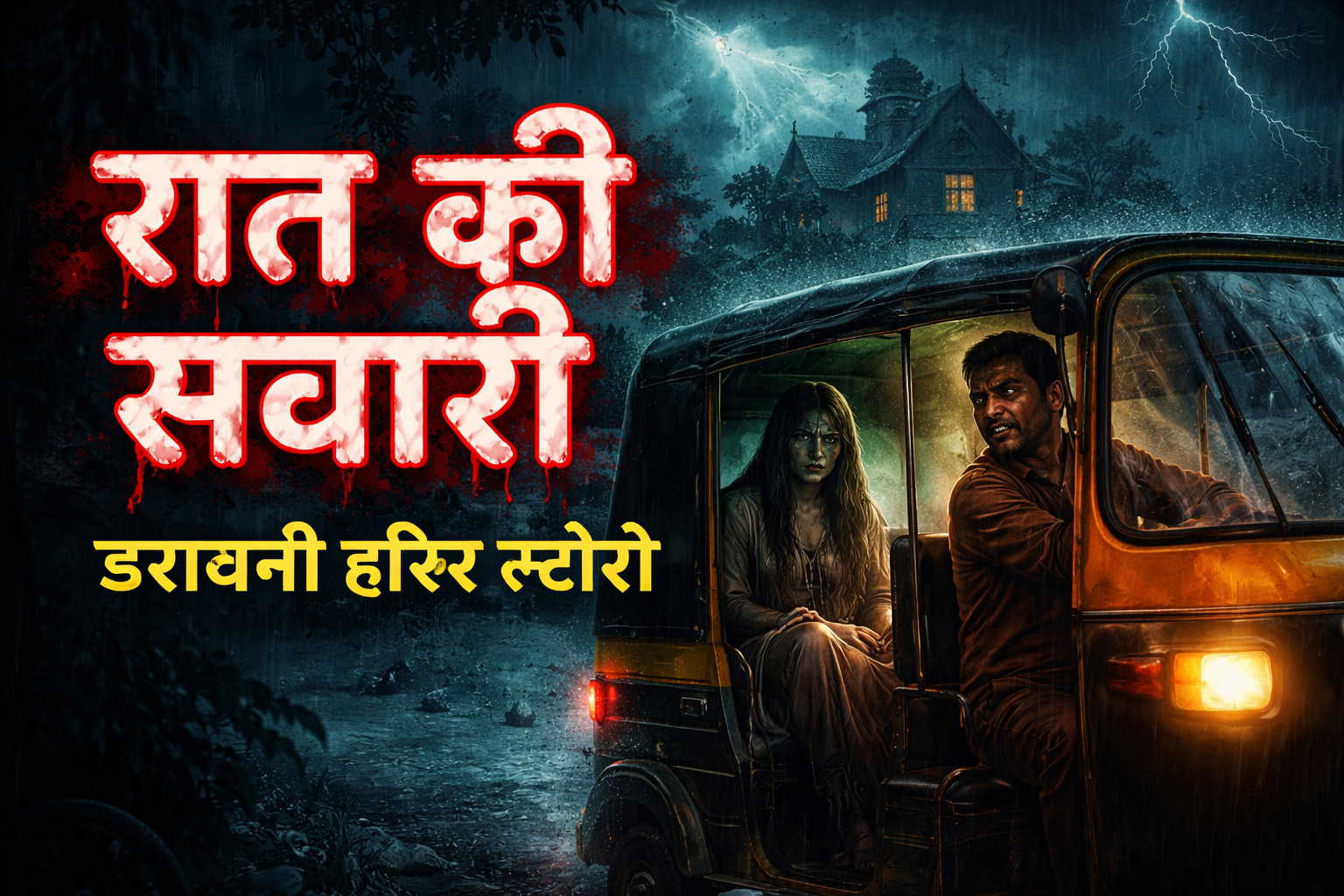 Short horror story in Hindi feature image – रात की सवारी, रात में ऑटो में बैठी भूतिया लड़की और डरावना माहौल।