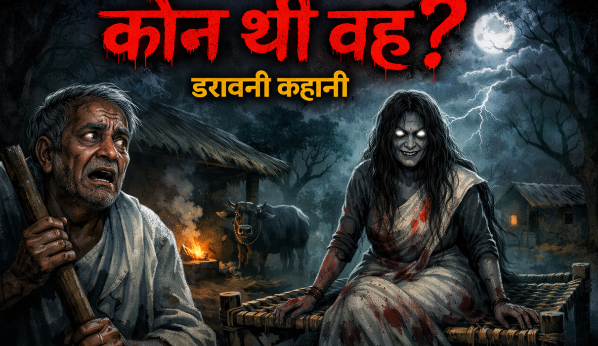 डरावनी रात में खाट पर बैठी भूतिया औरत और डरे हुए बूढ़े आदमी का दृश्य, गाँव की मड़ई में बिजली चमकती हुई – "कौन थी वह?