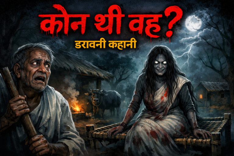 डरावनी रात में खाट पर बैठी भूतिया औरत और डरे हुए बूढ़े आदमी का दृश्य, गाँव की मड़ई में बिजली चमकती हुई – "कौन थी वह?