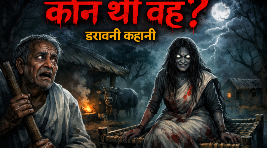 डरावनी रात में खाट पर बैठी भूतिया औरत और डरे हुए बूढ़े आदमी का दृश्य, गाँव की मड़ई में बिजली चमकती हुई – "कौन थी वह?