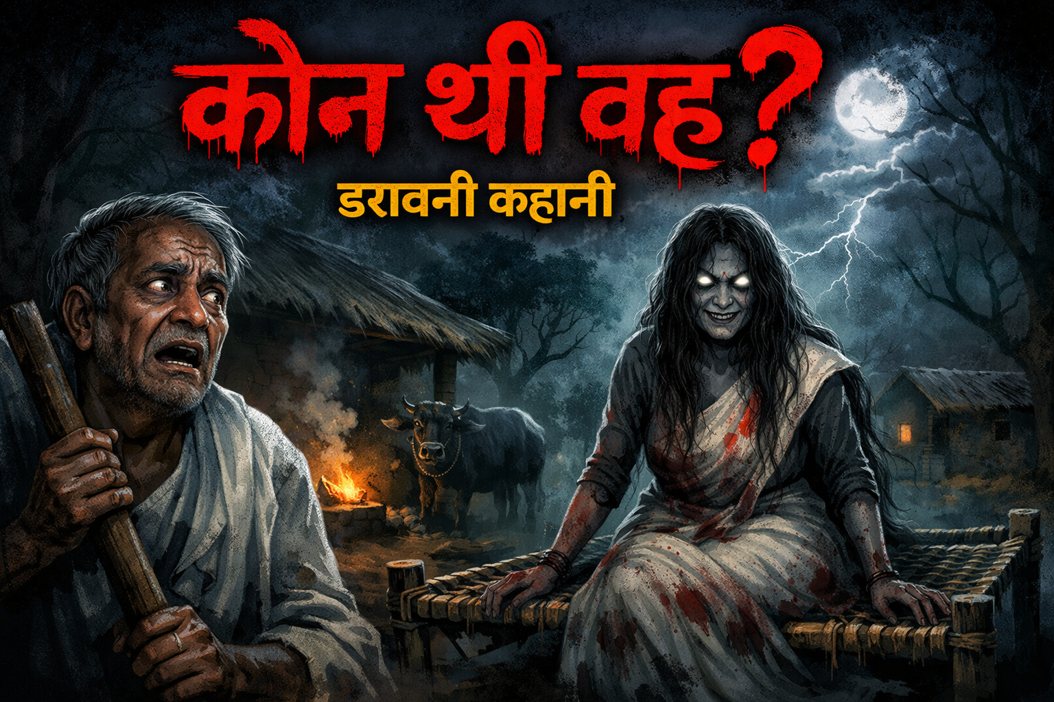 डरावनी रात में खाट पर बैठी भूतिया औरत और डरे हुए बूढ़े आदमी का दृश्य, गाँव की मड़ई में बिजली चमकती हुई – "कौन थी वह?