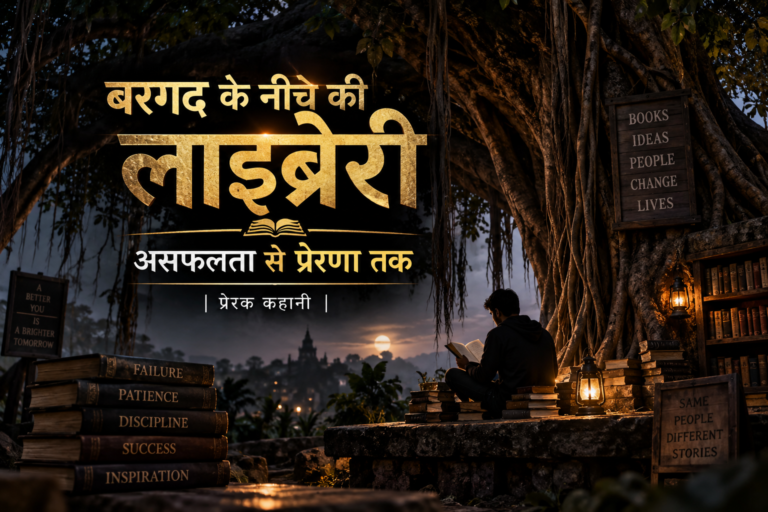 गाँव में बरगद के पेड़ के नीचे दरी पर किताबें पढ़ते बच्चे