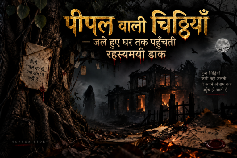 रात में पुराने पीपल के पेड़ के नीचे जले हुए घर के अवशेष और खिड़की में जलता दीया